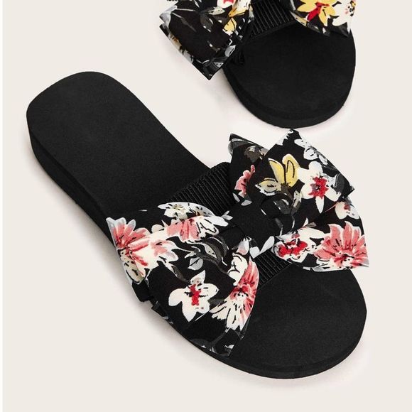 Shoes - Floral Print Bow Decor Sandal Flat Women's Slides